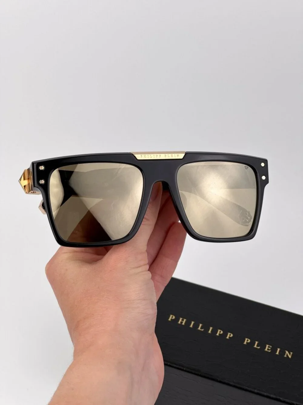 Philipp Plein Unisex Sunglasses Black Gold Mirror Square Frames SPP080 700G NEW